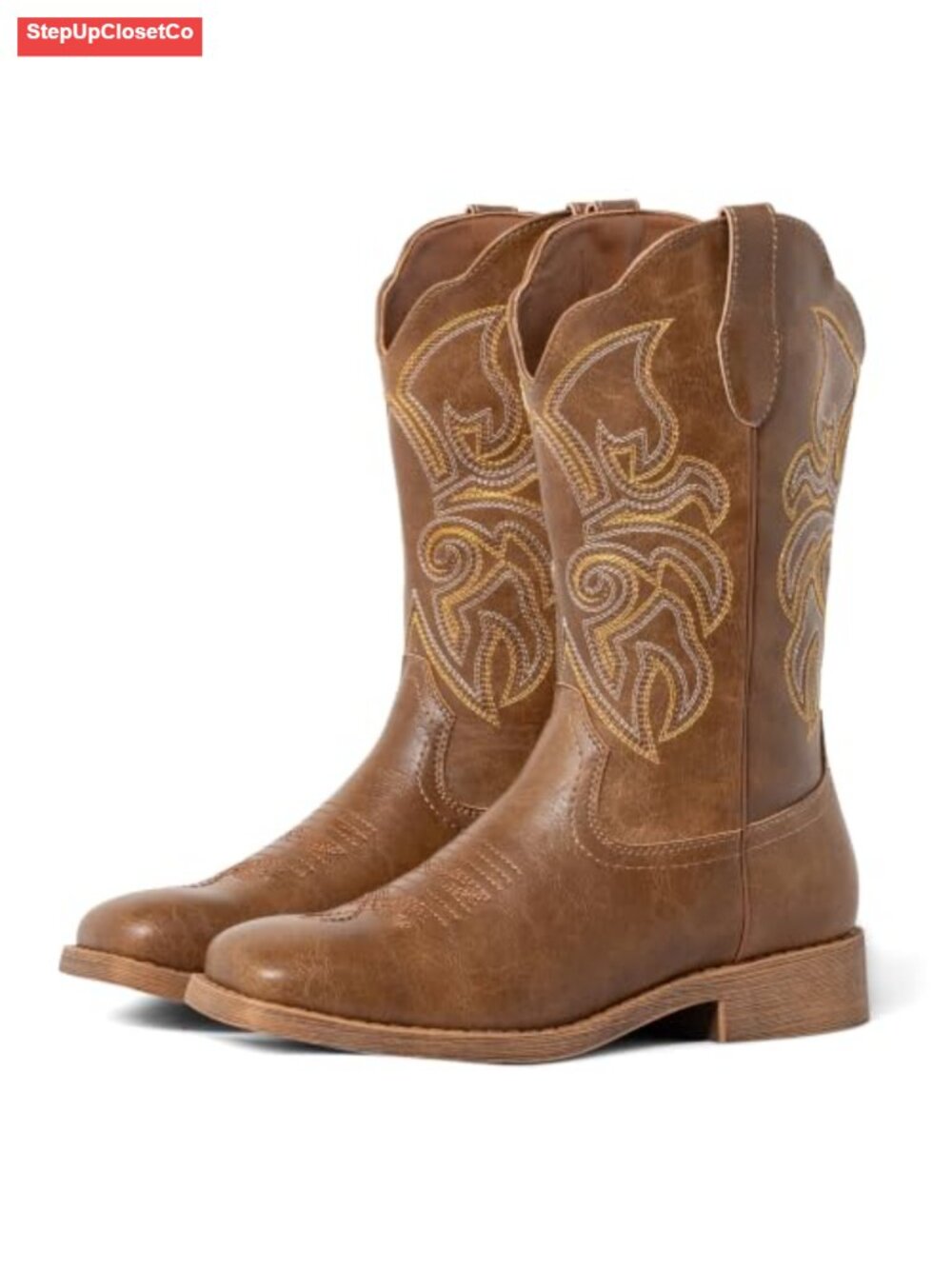 Women's Faux Leather Western Cowboy Boots Square Toe Mid-Calf